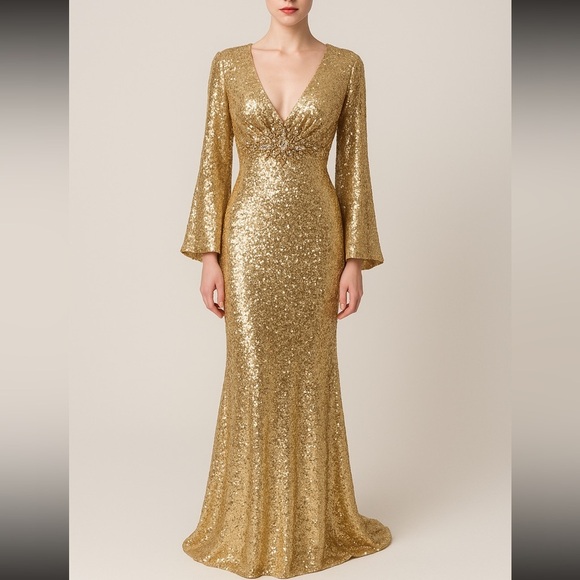 Mac Duggal Gold Sequin Open Back Pageant Prom Evening Gown Dress Size 6 - Picture 1 of 7